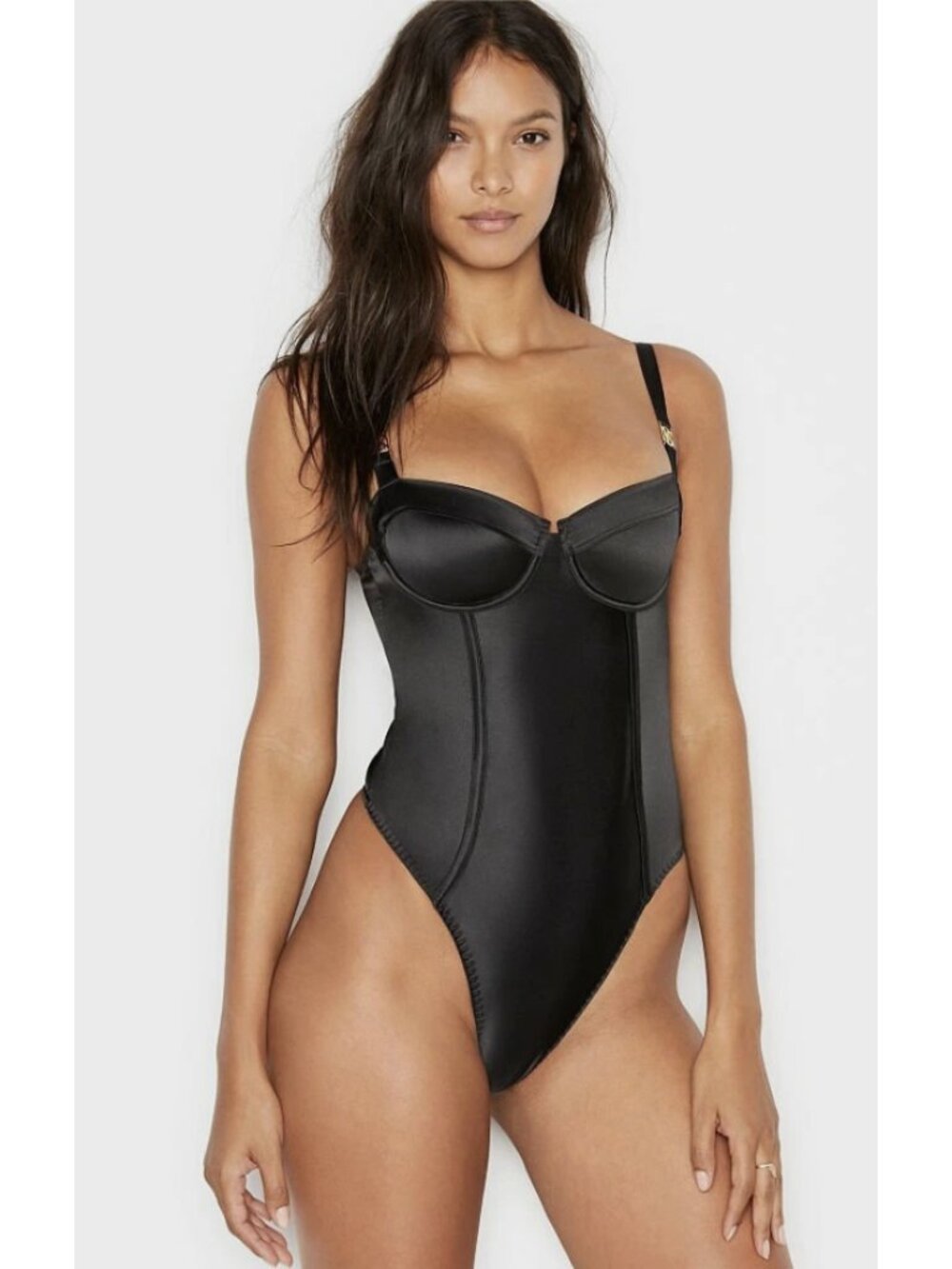 VICTORIA'S SECRET Logo Hardware Satin Bustier Bodysuit XS Teddy Thong Black